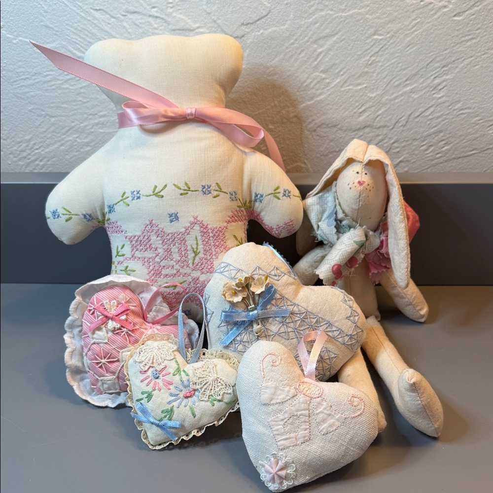 Vintage Bear, Rabbit and (4) Hearts, All Made With Vintage Fabrics